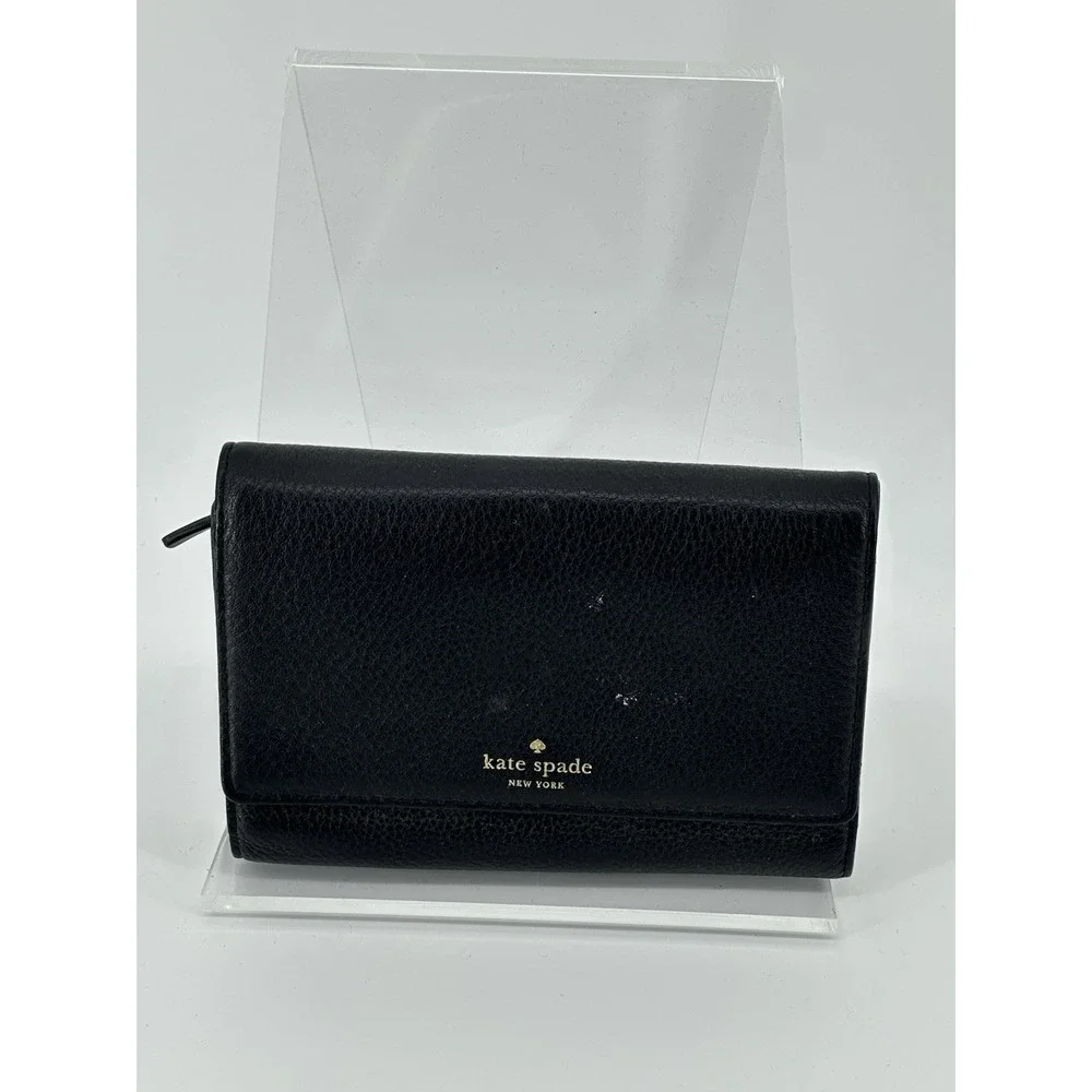Kate Spade New York Trifold Wallet Black Pebbled Leather Logo